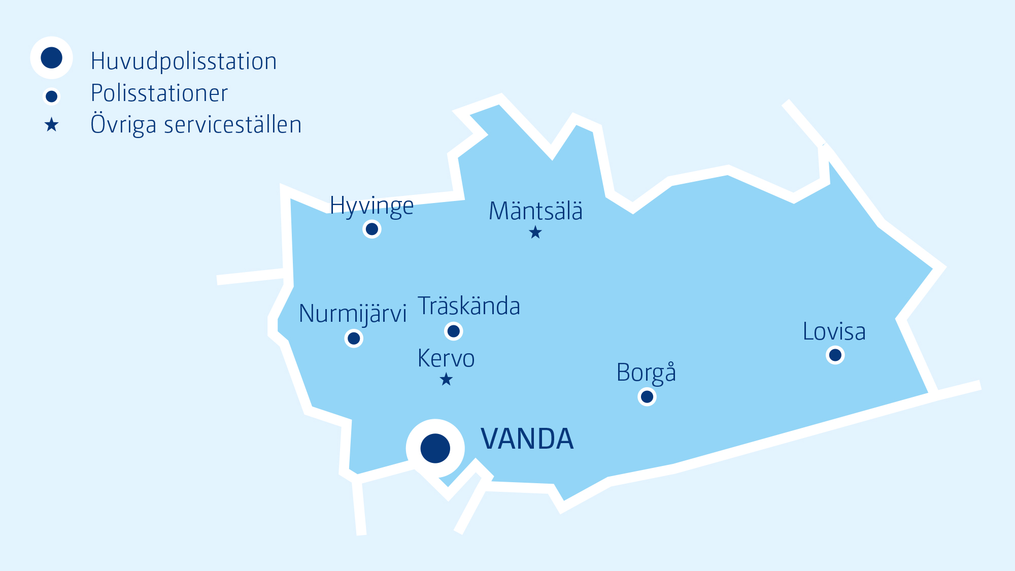 Karta över området kring Polisinrättningen i Östra Nyland. Verksamhetsställena på kartan: Vanda, Kervo, Träskända, Nurmijärvi, Hyvinge, Mäntsälä, Borgå och Lovisa.