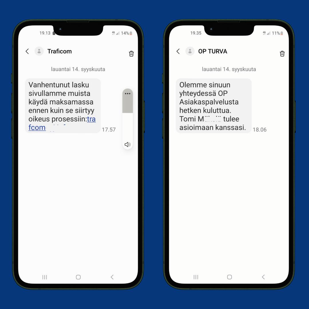 Traficomin ja OP Turvan nimissä tulevat huijausviestit puhelimen näytöillä.