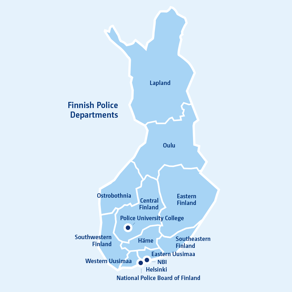 Map of the 14 police units in Finland.