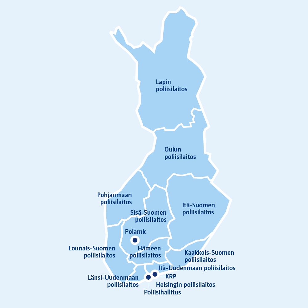 Suomen kaikki 14 poliisiyksikköä kartalla.