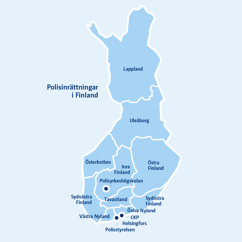 Karta över de 14 polisenheterna i Finland.