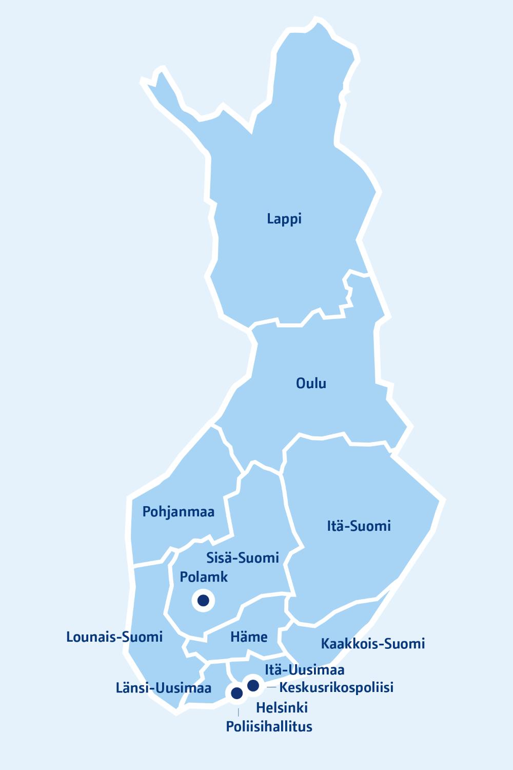 Karttakuva, johon on merkitty kaikki Suomen poliisilaitokset ja valtakunnalliset yksiköt.