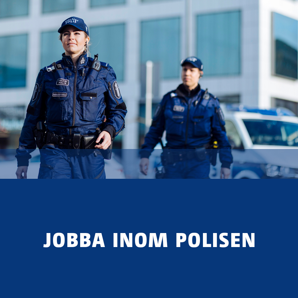 Bannern på Poliisi.fi:s hemsida som leder dig till sidan för Jobba hos oss.
