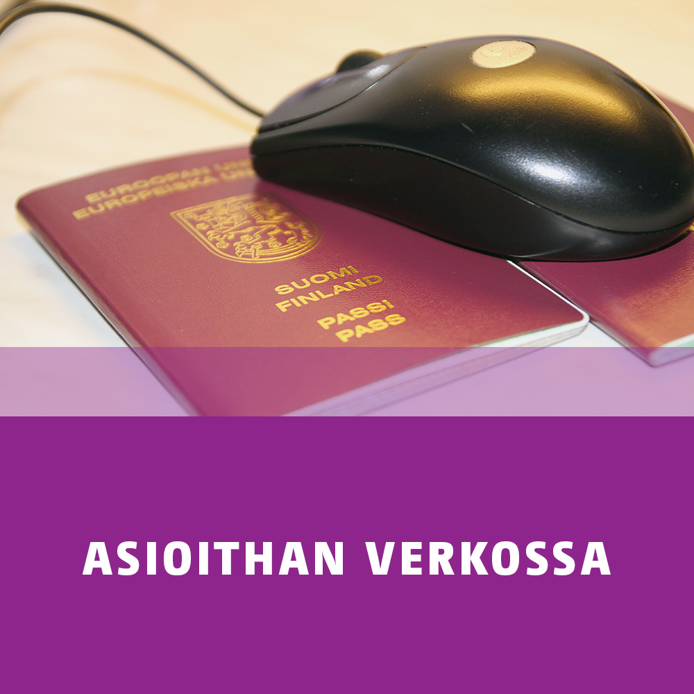 Bannerikuva, jossa tietokoneen hiiri kahden passin päällä. Tekstissä lukee Asioithan verkossa.