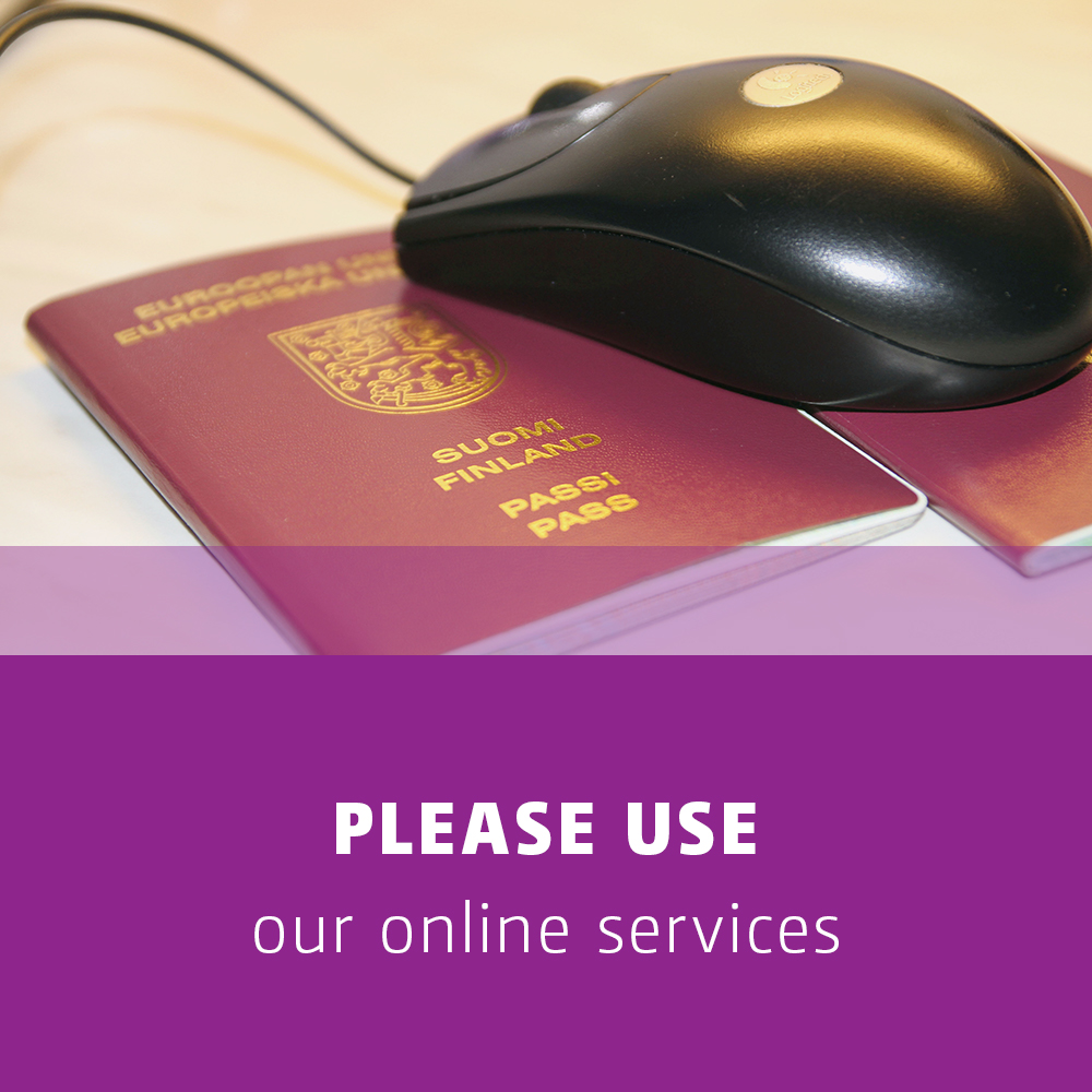 Banner with a computer mouse on top of two passports. The text reads Use online services.