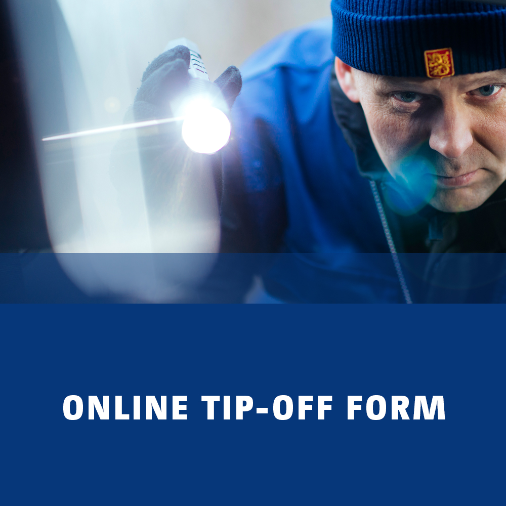 Online banner of net tips. Pictured is a police officer with a flashlight.
