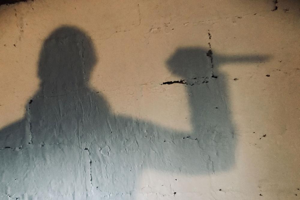A shadow of a person with a raised hand holding a bladed weapon on a stone wall. 