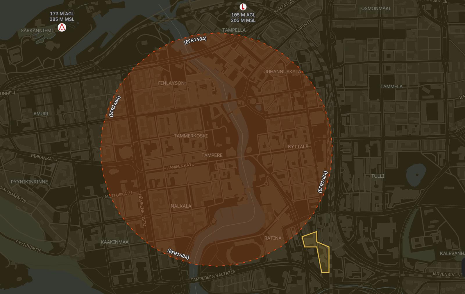 Dronekieltoalue Tampereen keskustassa.