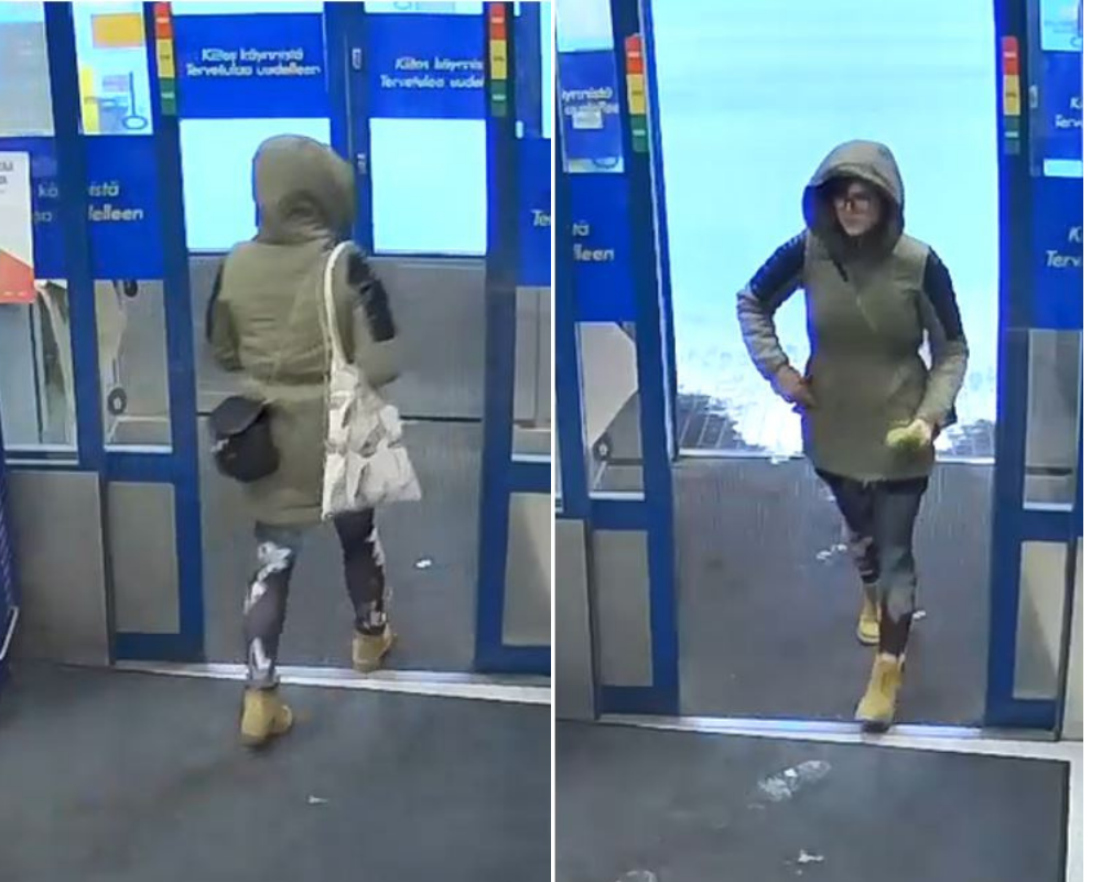 Ulkovaatteisiin pukeutunut ainen menee ovesta ulos ja toisessa kuvassa tulee sisään.