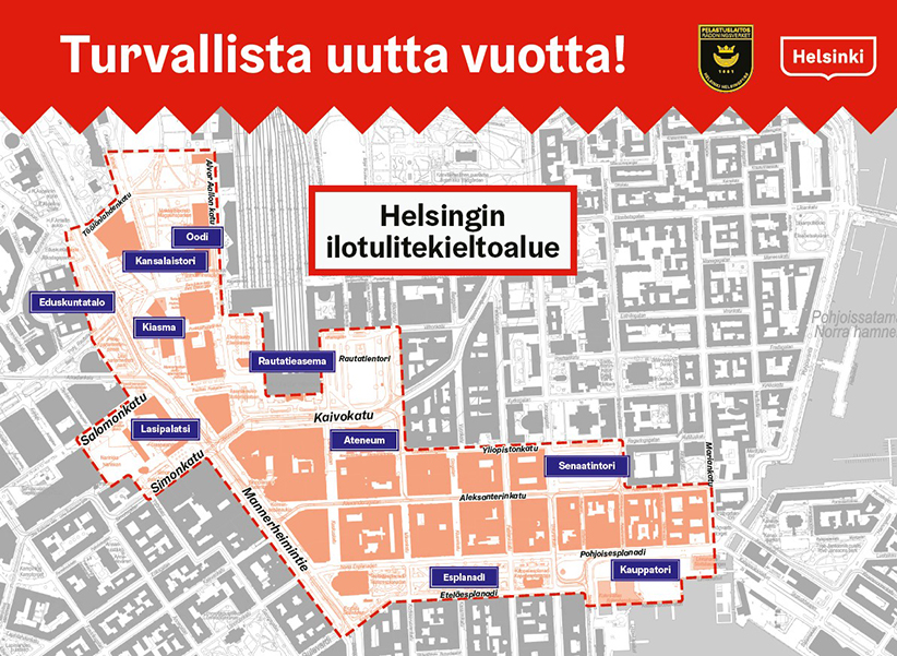 Helsingin pelastuslaitos on rajoittanut ilotulitteiden käyttöä erikseen määritellyllä alueella kaupungin keskustassa. Ilotulituksen kieltoalue on merkitty karttaan.