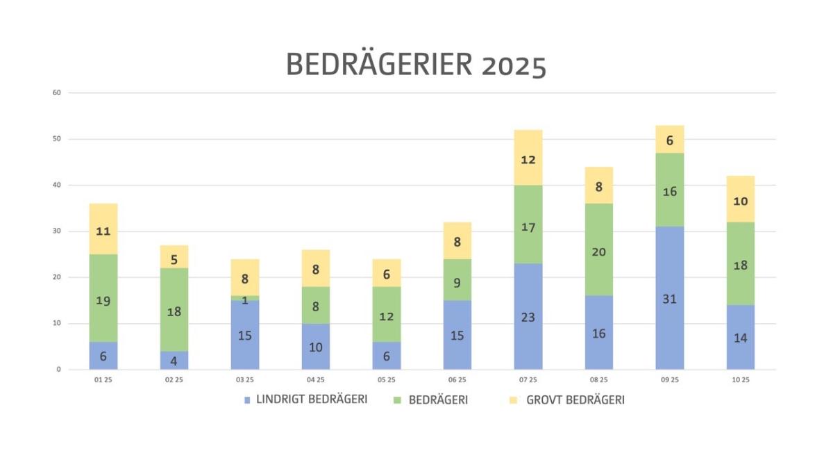 Diagram med titeln Bedrägerier 2025 som visar månadsvisa antal för tre kategorier av bedrägerier under januari–oktober 2025. Varje månad representeras av ett staplat stapeldiagram: blå del för lindrigt bedrägeri, grön del för bedrägeri och gul del för grovt bedrägeri. Värden per månad är följande: •	Januari (01/25): lindrigt bedrägeri 6, bedrägeri 19, grovt bedrägeri 11. Totalt 36. •	Februari (02/25): lindrigt bedrägeri 4, bedrägeri 18, grovt bedrägeri 5. Totalt 27. •	Mars (03/25): lindrigt bedrägeri 15, bedrägeri 1, grovt bedrägeri 8. Totalt 24. •	April (04/25): lindrigt bedrägeri 10, bedrägeri 8, grovt bedrägeri 8. Totalt 26. •	Maj (05/25): lindrigt bedrägeri 6, bedrägeri 12, grovt bedrägeri 6. Totalt 24. •	Juni (06/25): lindrigt bedrägeri 15, bedrägeri 9, grovt bedrägeri 8. Totalt 32. •	Juli (07/25): lindrigt bedrägeri 23, bedrägeri 17, grovt bedrägeri 12. Totalt 52. •	Augusti (08/25): lindrigt bedrägeri 16, bedrägeri 20, grovt bedrägeri 8. Totalt 44. •	September (09/25): lindrigt bedrägeri 31, bedrägeri 16, grovt bedrägeri 6. Totalt 53. •	Oktober (10/25): lindrigt bedrägeri 14, bedrägeri 18, grovt bedrägeri 10. Totalt 42. Diagrammet visar att flest bedrägerifall förekom i september och juli, medan februari och mars hade lägst antal.