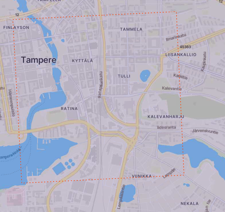 Tampereen kartta, josta on rajattu alue jolla ilmatilan käyttöä on rajoitettu.
