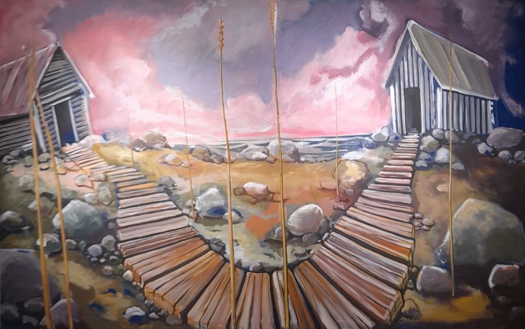 Maalaus, jossa on kivikkoisessa maastossa kaksi latoa, joita yhdistää laudoista tehty käytävä.