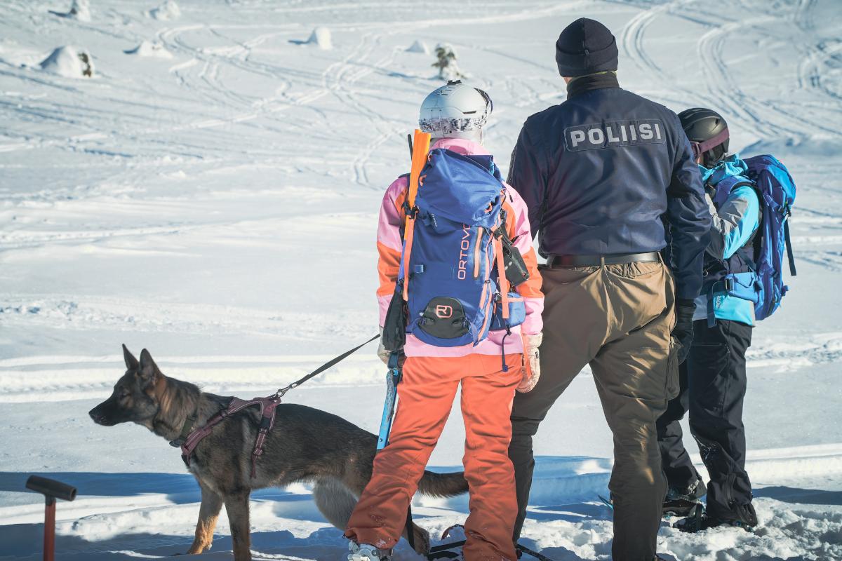 Poliisikoira ja -ohjaaja seisovat yhdessä etsintöihin osallistuvan kaksikon kanssa rinteen juurella talvella.