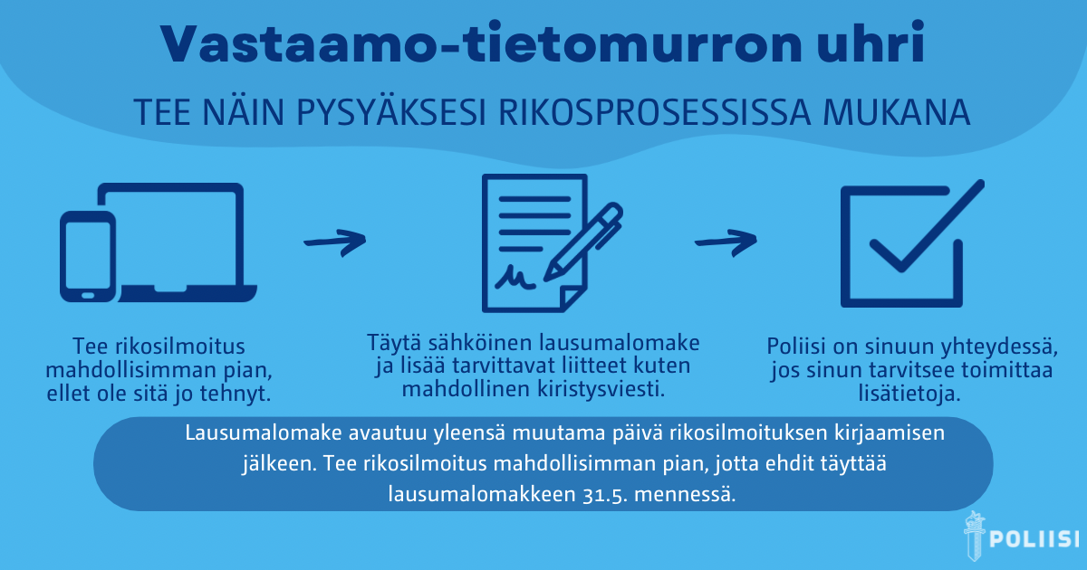 Kuvistuskuva Vastaamo-tietomurron uhrin rikosprosessin etenemisestä.