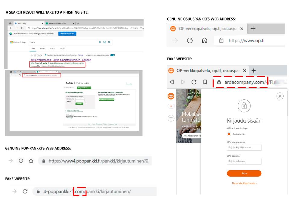 Screenshot of sites and addresses of fake websites and genuine online banks. The image has circled points in the address bar where the fake site can be identified. The first image shows how the first search result of a search engine when searching with the word Aktia takes you to a fake site with the address aktia-fi.com. The second picture shows the correct POP Bank address, which is www4.poppankki.fi, and the address of the fake page, which is 4-poppankki-fi.com. The third picture shows the correct Osuuspankki address, which is op.fi, and the fake page address, which is ardacompany.com. 