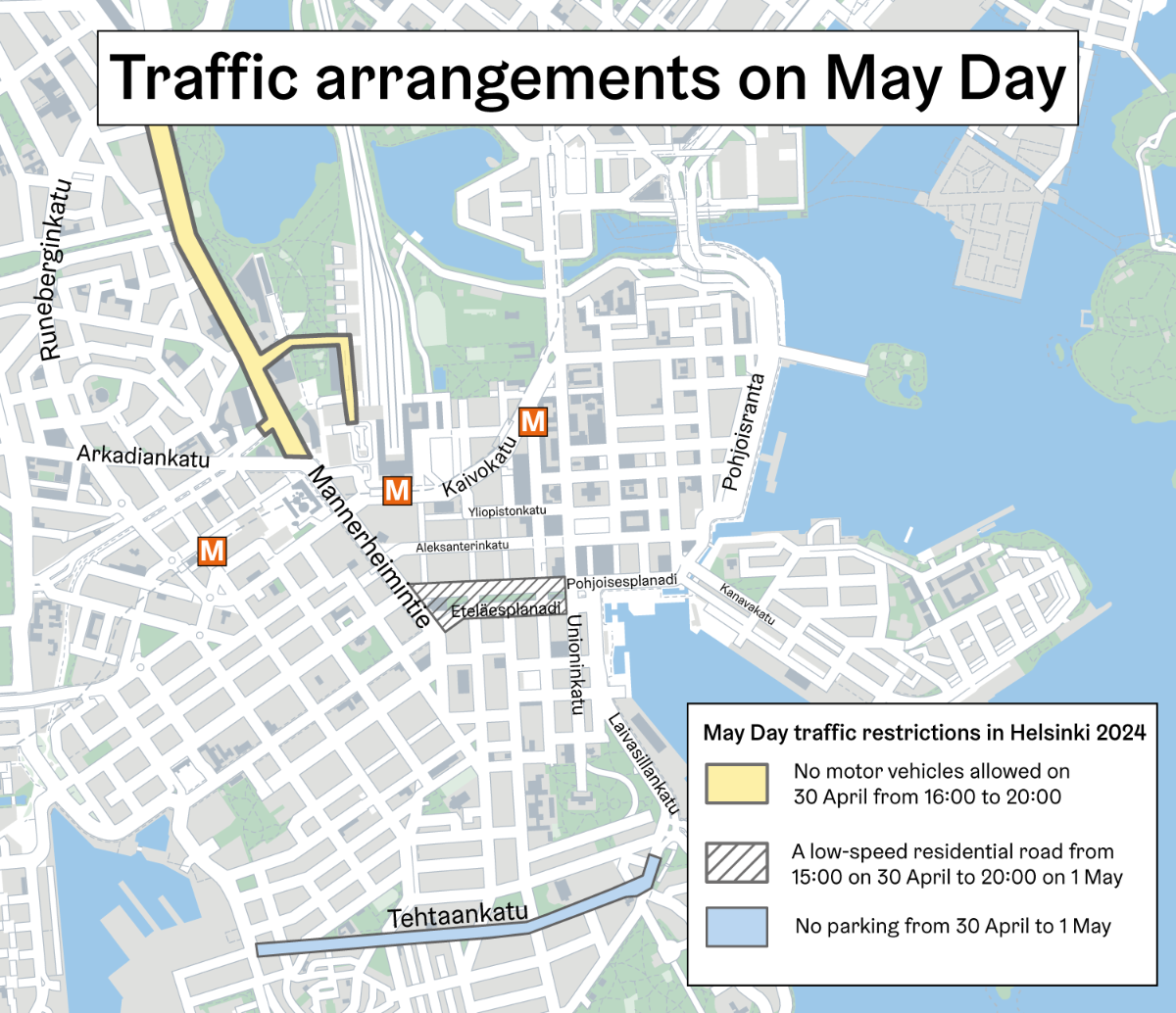 Helsingin keskustan liikennejärjestelyt vappuna 2024.