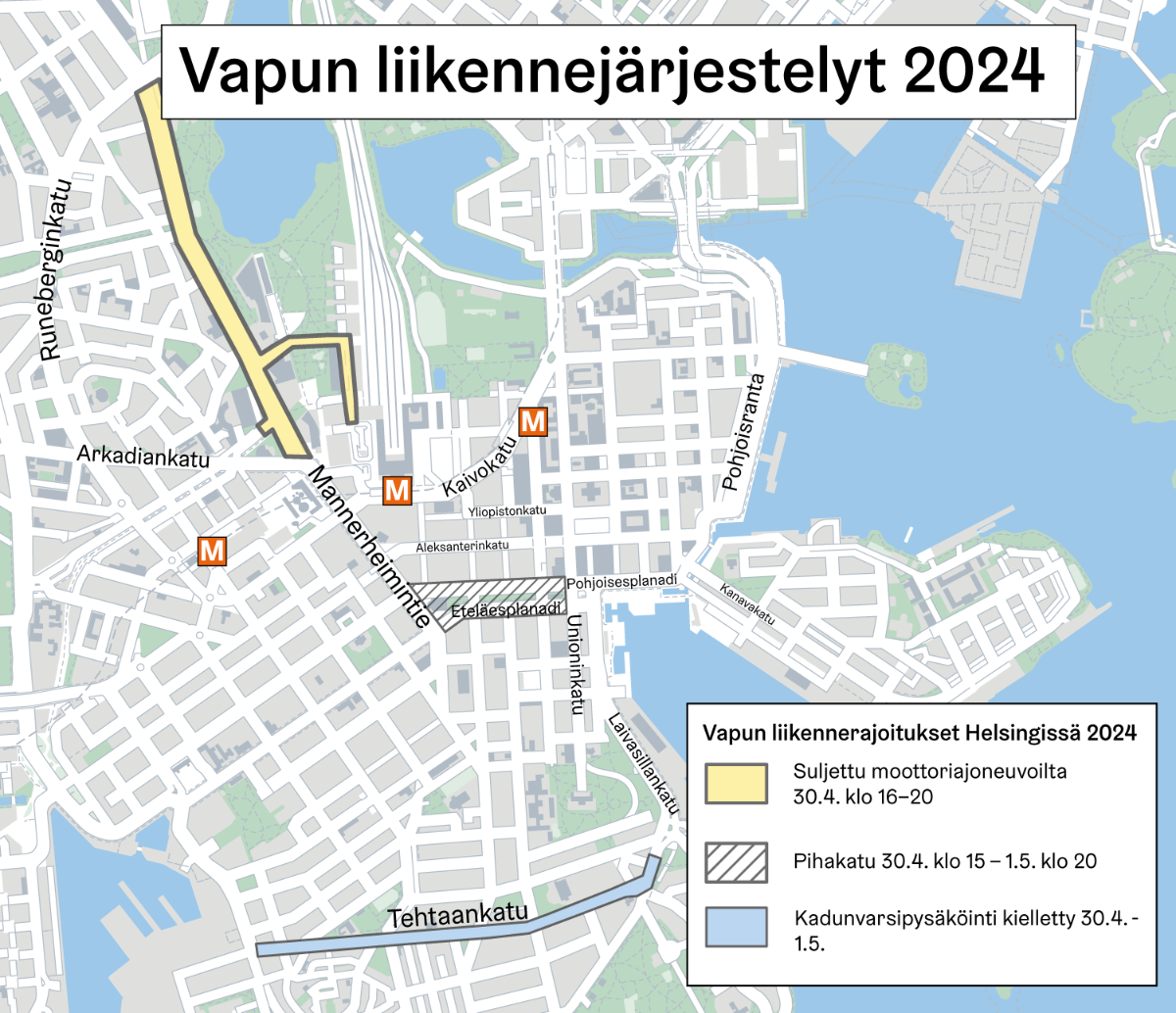 Helsingin keskustan liikennejärjestelyt vappuna 2024.