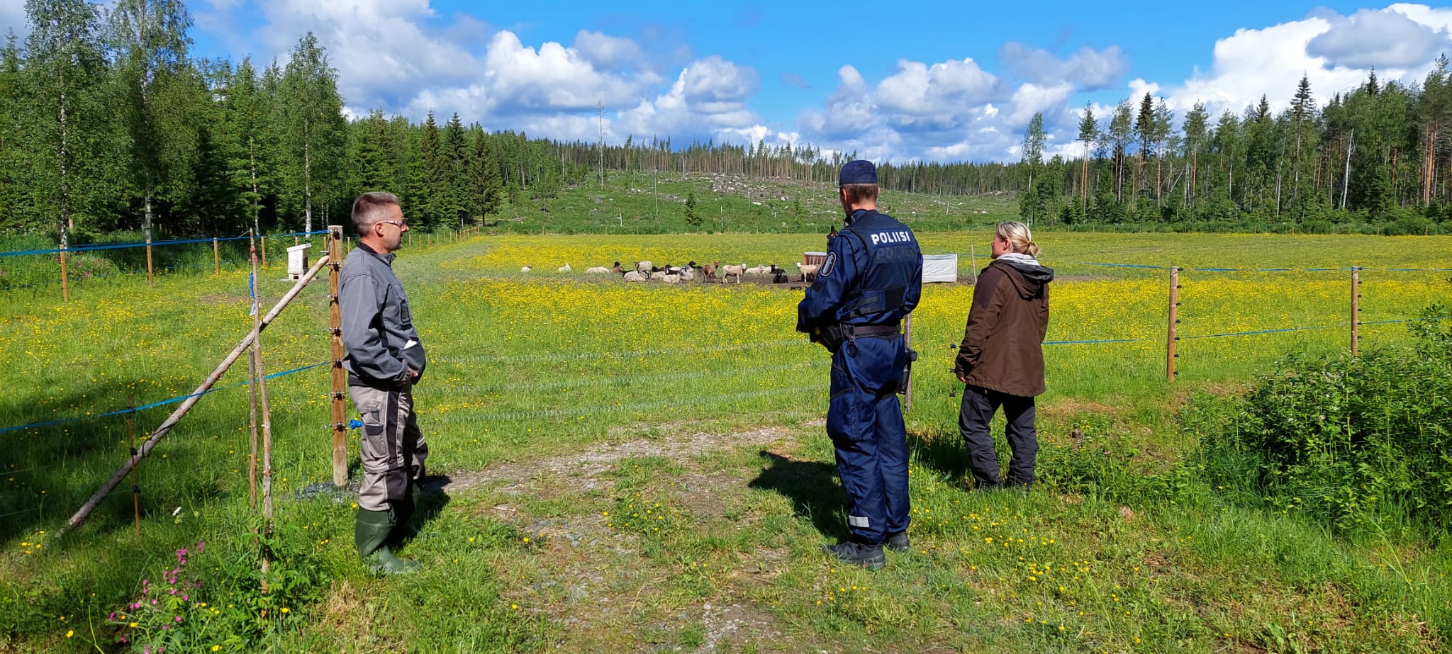 Poliisi yhdessä yhteistyökumppaneiden kanssa pellon reunalla. 